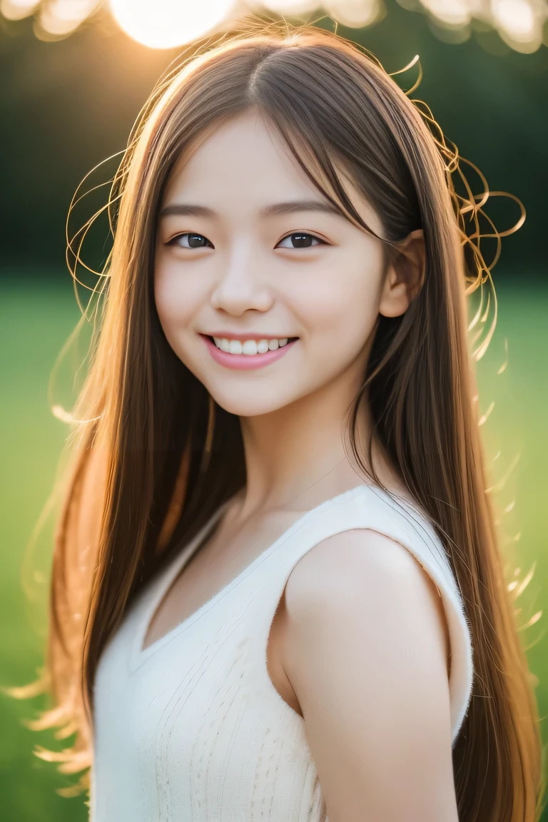 Teen Girls、drill hair、Brown hair、A slight smil、cute little、((top-quality、8K、masterpiece:1.3))、sharp focus:1.2、An ultra-high picture quality、top-quality、masterpiece、natural soft light、The upper part of the body、the setting sun, ,cute smile,