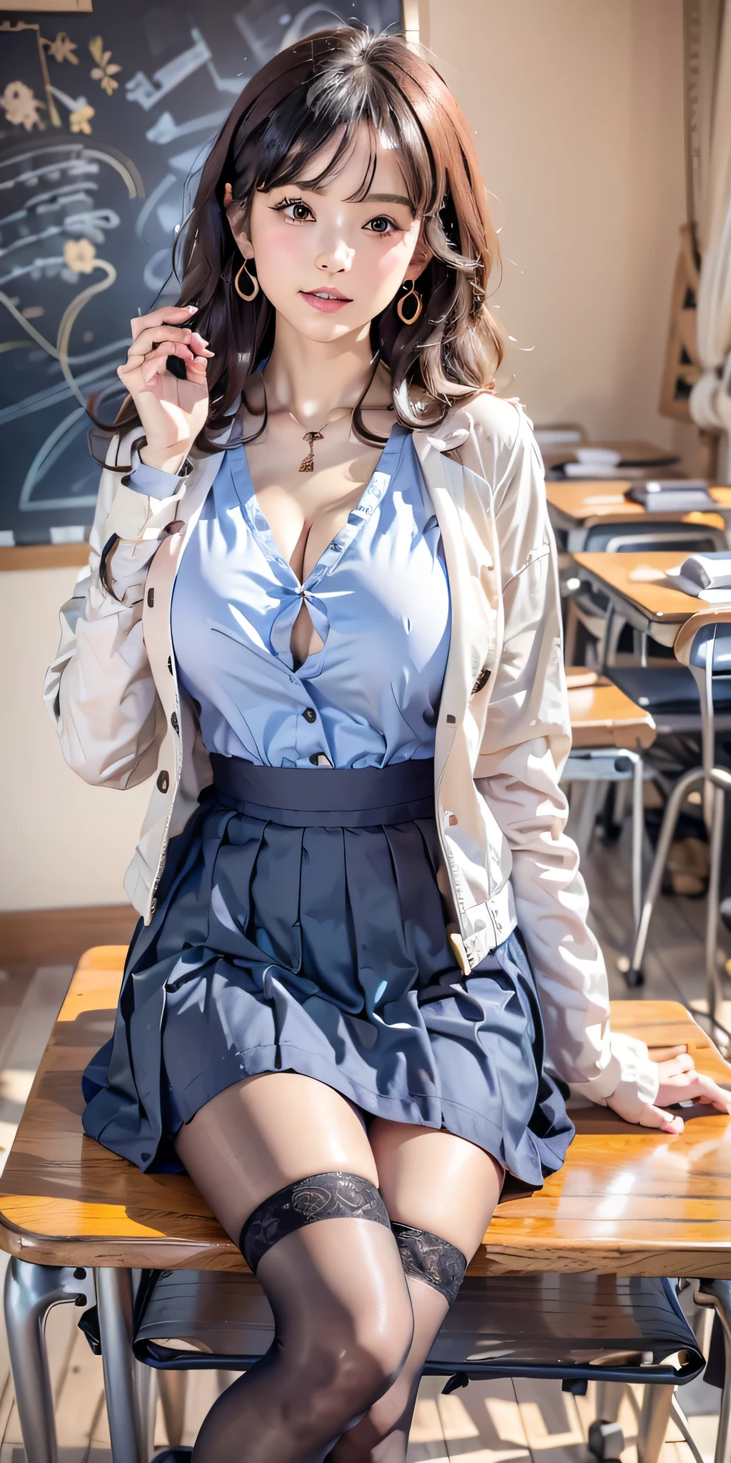 25-year-old woman, medium black wavy hair、Bans、Puffy nipples、White cut and sew、Dark blue long skirt, Jacket、Black Stockings Ediumi Milk, soft、Cute Smile、(Poses that accentuate the chest)、Sexy Hips、Black high heels、School Classroom Desk、Seduce the student by sitting on the chair、Large Necklace、Cute Earrings、Hold a book in one hand、Salmon pink hair、