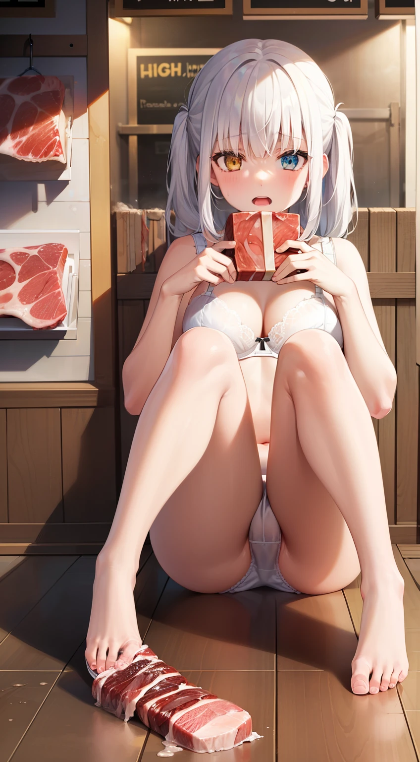 1 Girl,Kagura Mia ,white hair,Heterochromia,Half closed eyes,(Giddenmei 1.5),double braid hair，Barefoot，White underwear，White bra， (Butcher shop:1.4)，(underwear as a gift, Holding),(dirty, man juice stains:1.1))，(((Show underwear))),shame