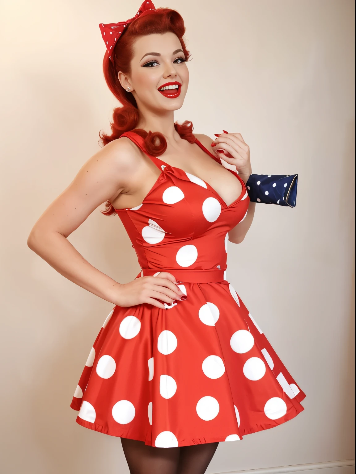 Full length photo of a girl. realistic 35 year old y emotional, redhead. Her lips are slightly tubed, she has her mouth open, she squints one eye, as if she is winking, her mouth is open, adding mystery and sex. She touches her feet with surprise, taking a sexual po. The model is made in pin-up style with hair styled in victory rolls style. She has plump sexy red lips, has average breasts and blows kiss. She portrays american housewife, posing with a gift in various sexual positions. Her long heates the look of a pin-up girl. She is on a white background, red retro dress with large polka dots with fluffy, voluminous ballerina skirt bouffant dress. red retro bouffant dress with polka dots in pin-up style with large polka dots, a fluffy, voluminous ballerina skirt and a tutu. A red bandana on the head., and red stockings on her legs wears a red retro dress with large polka dots with a fluffy voluminous ballerina skirt. Red bandana on head, and red stockings on my feet. The photo is made in pin-up style, emphasizing the retro-USA vibe. winks blinks with one eye turns looks straight at the camera she touches her lips open mouth she laughs a lot