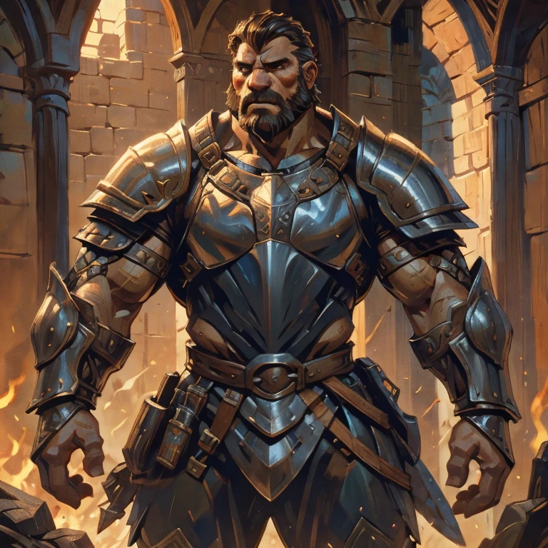 Burly knight with bulging muscles, wearing intricate armor, high detail, medieval fantasy, realistic, dramatic lighting, dynamic pose, armor details, by Greg Rutkowsky and Boris Vallejo, 4k resolution