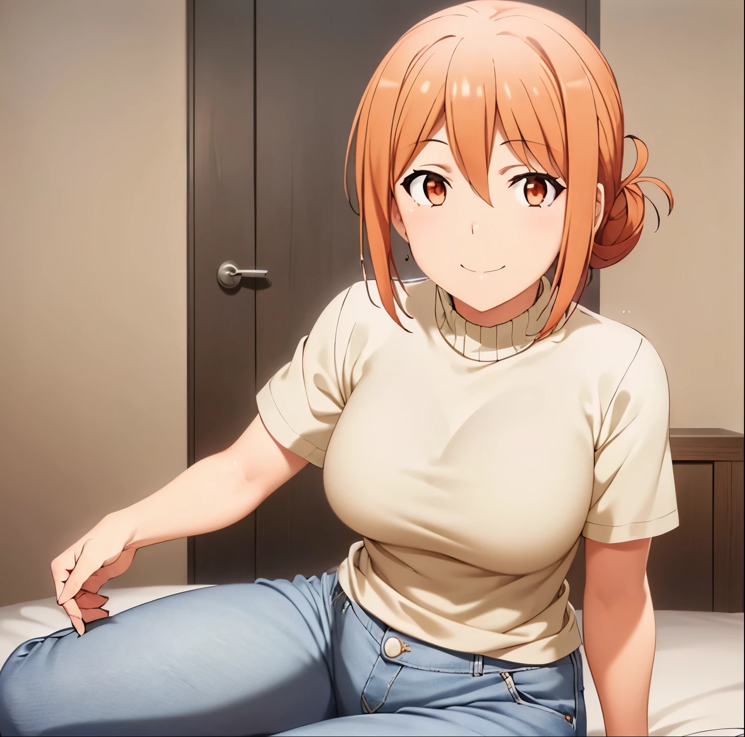 1girl, alone, yuigahama mom,masterpiece, (best qulaity:1.3), 8K, wallpaper, depth of field, beautiful detailed eyes, (1girl, mrs yuigahama, orange hair, hair bun, (shirt:1.3), closed mouth, smile, indoors, sitting, on bed, medium breasts, (grey sky, park, rain, indoors:1.2), looking at viewer, short sleeves, (pants, jeans:1.2)) , perfect hands, perfect anatomy