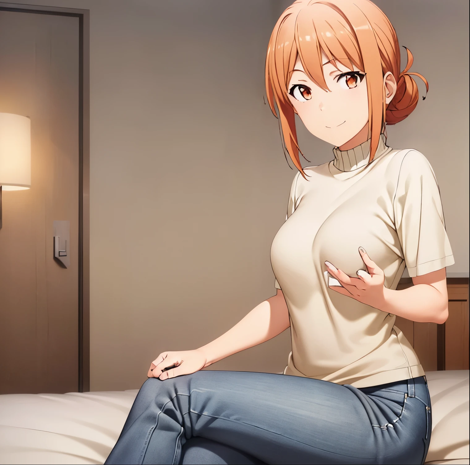 1girl, alone, yuigahama mom,masterpiece, (best qulaity:1.3), 8K, wallpaper, depth of field, beautiful detailed eyes, (1girl, mrs yuigahama, orange hair, hair bun, (shirt:1.3), closed mouth, smile, indoors, sitting, on bed, medium breasts, (grey sky, park, rain, indoors:1.2), looking at viewer, short sleeves, (pants, jeans:1.2)) , perfect hands, perfect anatomy