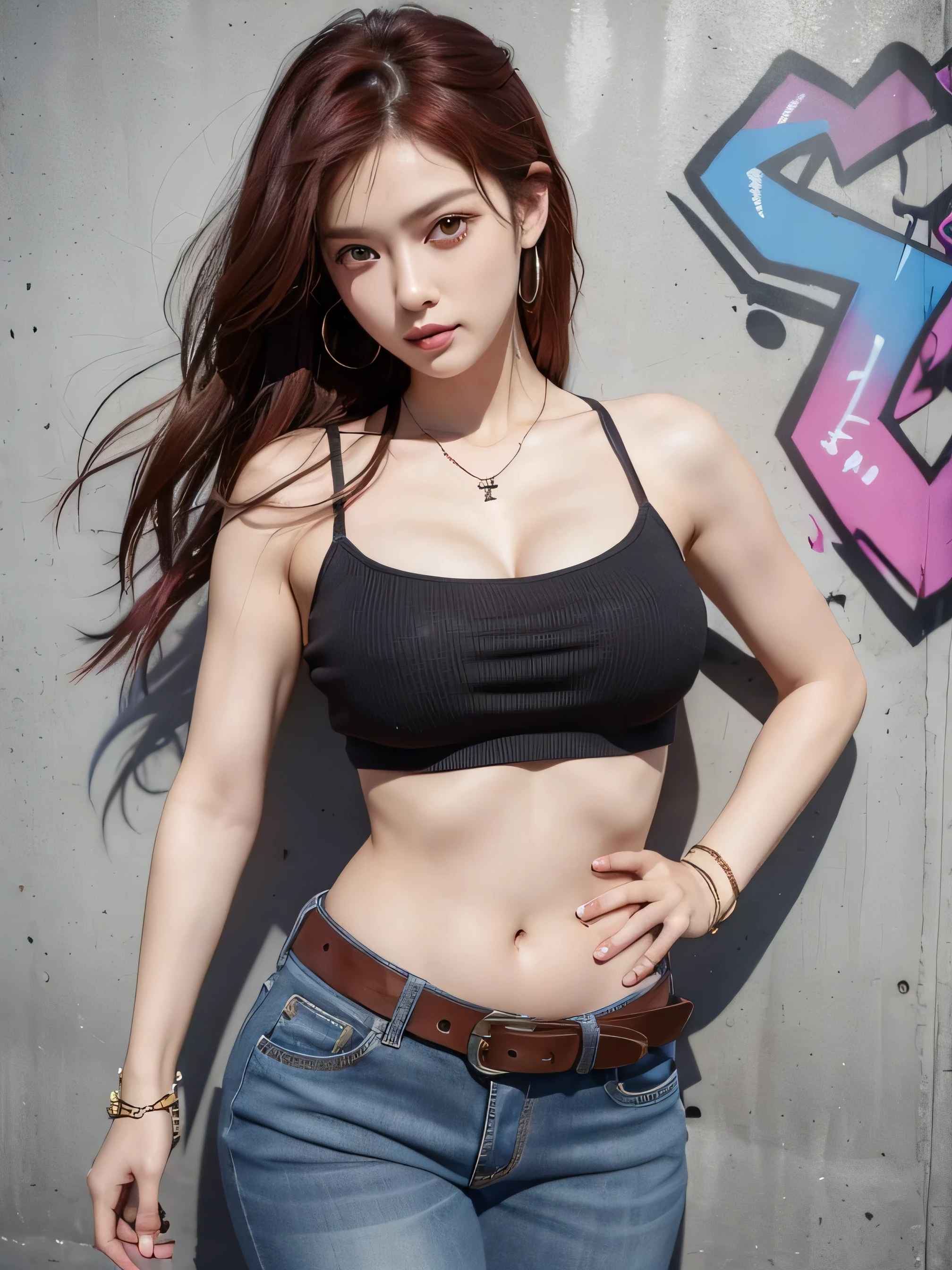 Juri Han,Masterpiece, Best quality, 1girl, a report, Crop top, Jeans trousers, necklace, (Graffiti:1.Not stains, (Hands behind your back), On the wall, The viewer searches, bracelet, Thigh belt, Paint on the body, Head tilt, Monotonous, Fiery hair color, Rainbow colored eyes,Juri Han,Bad look, big breasts