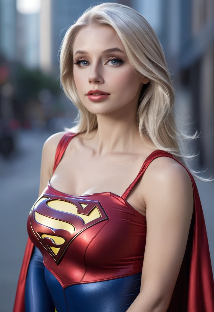 A beautiful sexy woman wearing a Supergirl cosplay outfit, seductive blonde, alluring expression, bare shoulders , skin tight outfit, highly detailed, realistic, 4K, masterpiece:1.2, UHD, photography by Holly Randell,