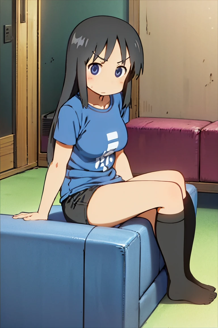 Kyoto animation, female, long hair, black hair, dark blue eye, cute face, thick eyebrows, big breast, sexy butt, slim body, atletic, sexy thigs, blue t-shirt, underpants, living room, sit on the the couch, holding game console, Play a video game, 18 years old