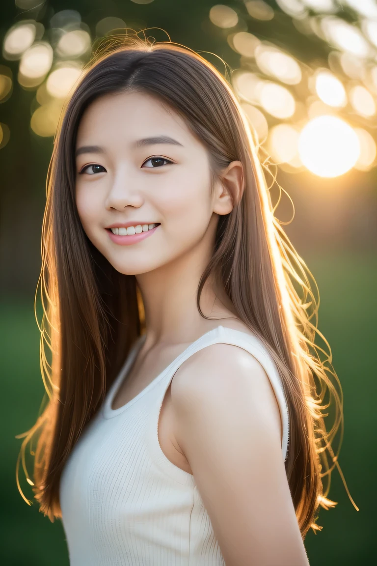 Teen Girls、drill hair、Brown hair、A slight smil、cute little、((top-quality、8K、masterpiece:1.3))、sharp focus:1.2、An ultra-high picture quality、top-quality、masterpiece、natural soft light、The upper part of the body、the setting sun, ,