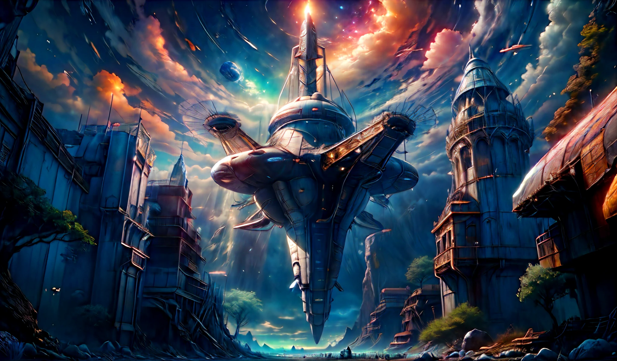 The spacecraft flies over the space station in a colorful sky, alien ship, Beautiful sci-fi art, spaceship in the sky, science fiction fantasy wallpaper, spaceship in the sky, spaceships in the cloudy sky, naves espaciais voando, naves espaciais voando above, epic fantasy science fiction illustration, naves espaciais voando around, science fiction fantasy wallpaper, science fiction art