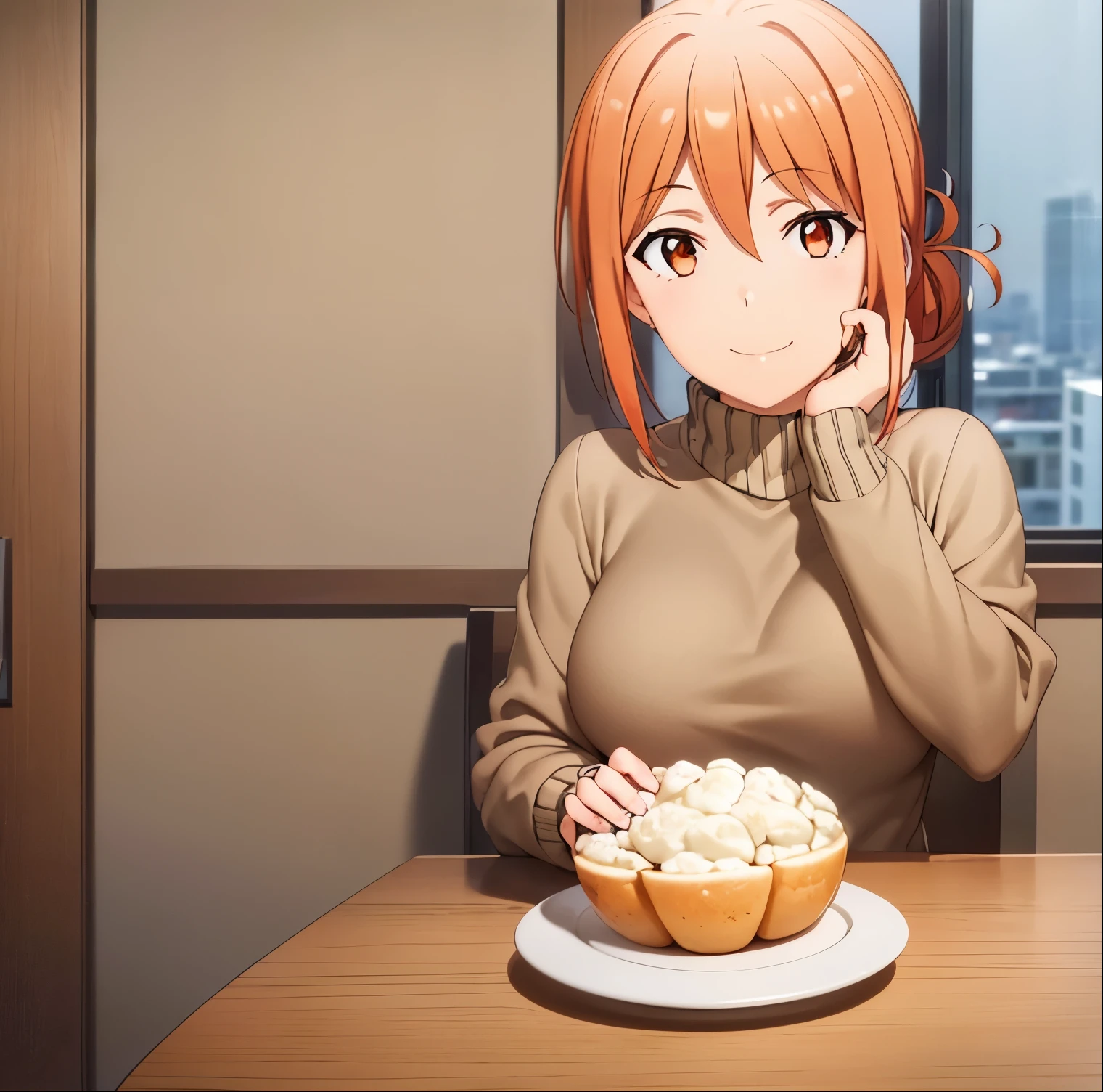 1girl, alone, yuigahama mom,masterpiece, (best qulaity:1.3), 8K, wallpaper, depth of field, beautiful detailed eyes, (1girl, mrs yuigahama, orange hair, hair bun, turtleneck sweater, smile, medium breasts, upper body, sitting, hand on chin, looking at viewer, straight-on, pov, indoors, window, city, booth seating, table, plate, food, vegetable) , perfect hands, perfect anatomy 