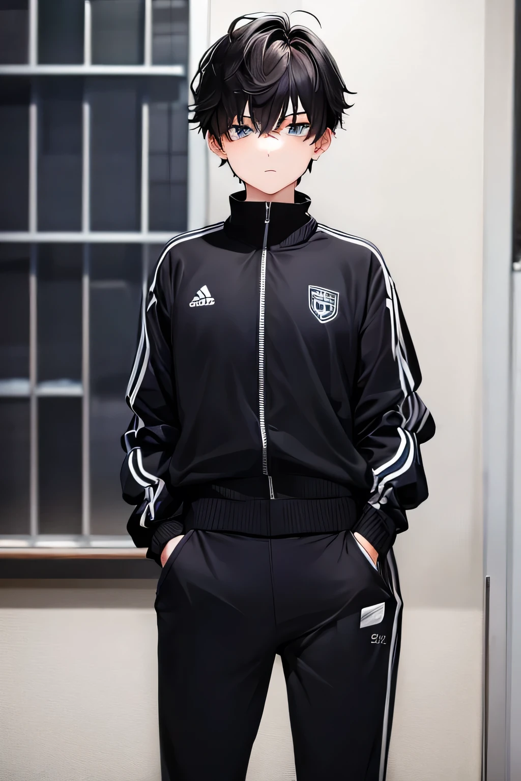 androgynous, expressionless, straight face, Cavalier, classroom background, student, Gym suit, Short hair
