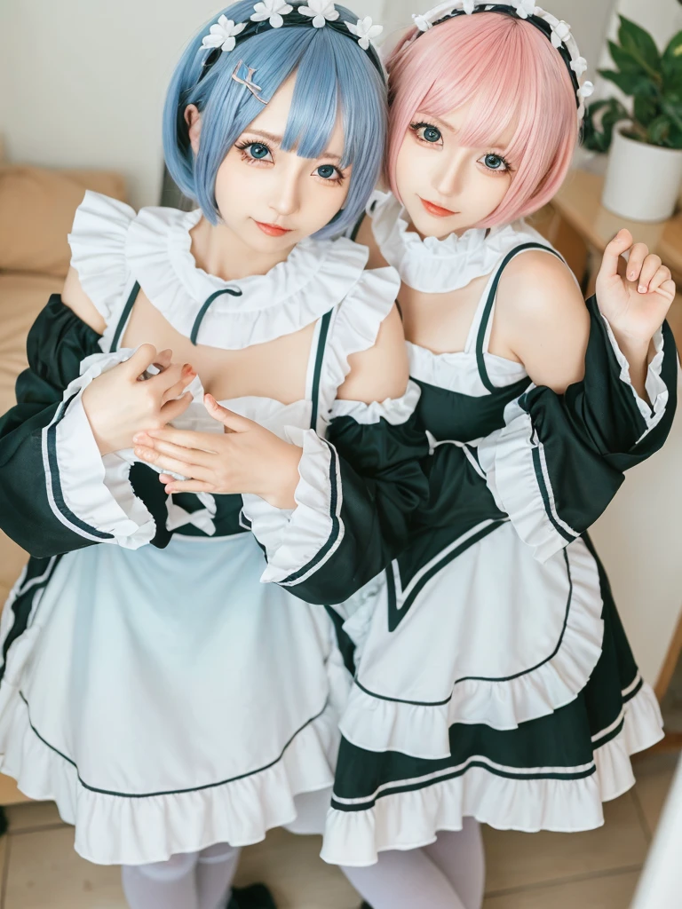 (8K, Photorealistic, Raw photo, of the highest quality: 1.3), (1girl in), Super beautiful, (Realistic face), (boyish, light blue Color Berry Shorthair),(8K, Photorealistic, Raw photo, of the highest quality: 1.3), (1girl in), Super beautiful, (Realistic face), (boyish, pink Color Berry Shorthair), Beautiful , Glare that captivates the viewer, Beautiful expression, Beautiful breasts, (Realistic skin), Be...Create a detailed and colorful image of Ram and Rem from Re:Zero, standing back-to-back in their maid outfits, with a magical fantasy background、14years old, two girls,cute, perfect face, beautiful, nice body, gothic lolita clothes, gothic lolita fashion, frilly skirt, headdress, necklace, bracelet, knee-high socks, boots, double eyelids, tear bags, Detailed down to the fingers, photo-like description, indoors, dim indoor lighting, one girl is pink hair and short bob, another girl is light blue hair and short bob,standing, whole body, composition that shows the whole body, smiling,The Both of them are wearing the same type of maid outfit