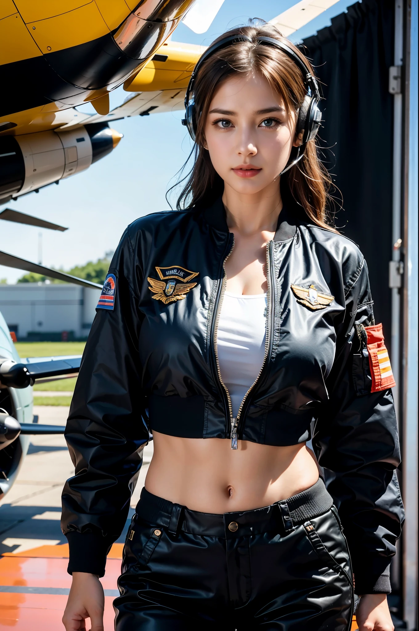 Best quality, ((insanely Realistic RAW photo)), professional photograph, intricate composition, an extremely delicate and beautiful, ultra high res, professional lighting and shading, ((Realistic image of a extremely pretty female Aircraft mechanic, solo)), Inside a spacious Aircraft hangar, Vintage airplanes of the World War II era line the background, (Wearing a MA-1 Flight Jacket), (Wearing a headset), (wearing short pants), parted lips, She does aircraft maintenance, very professional mechanic, ((extremely beautifully detailed eyes and face)), ((insanely beautiful natural skin texture)), (Accurate eyes), Accurate hands, Well-balanced overall body