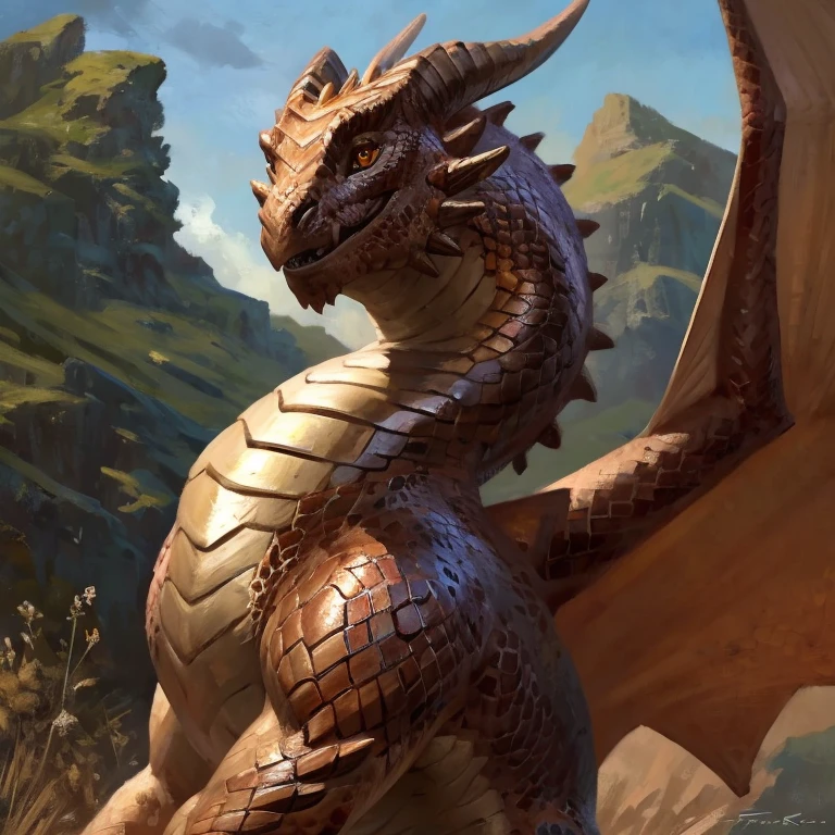 Detailed painting, by Taran Fiddler, solo, dragon, full body, feral, outside, small dragoness, , friendly, bronze scales, colorful scales, scales are multiple colors, wings, amber eyes