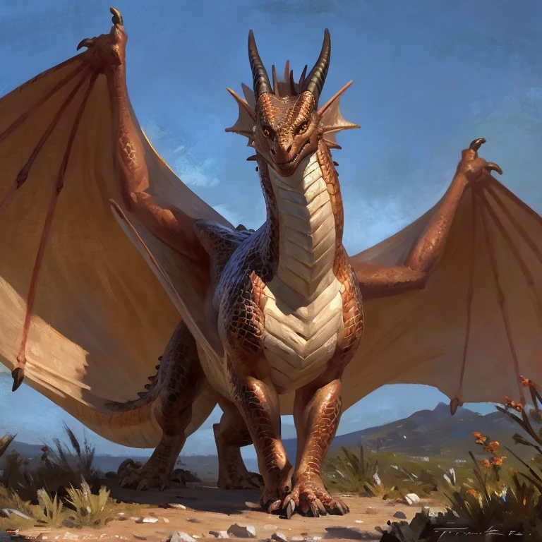 Detailed painting, by Taran Fiddler, solo, dragon, full body, feral, outside, small dragoness, friendly, bronze scales, ((multicolored scales)), wings, amber eyes