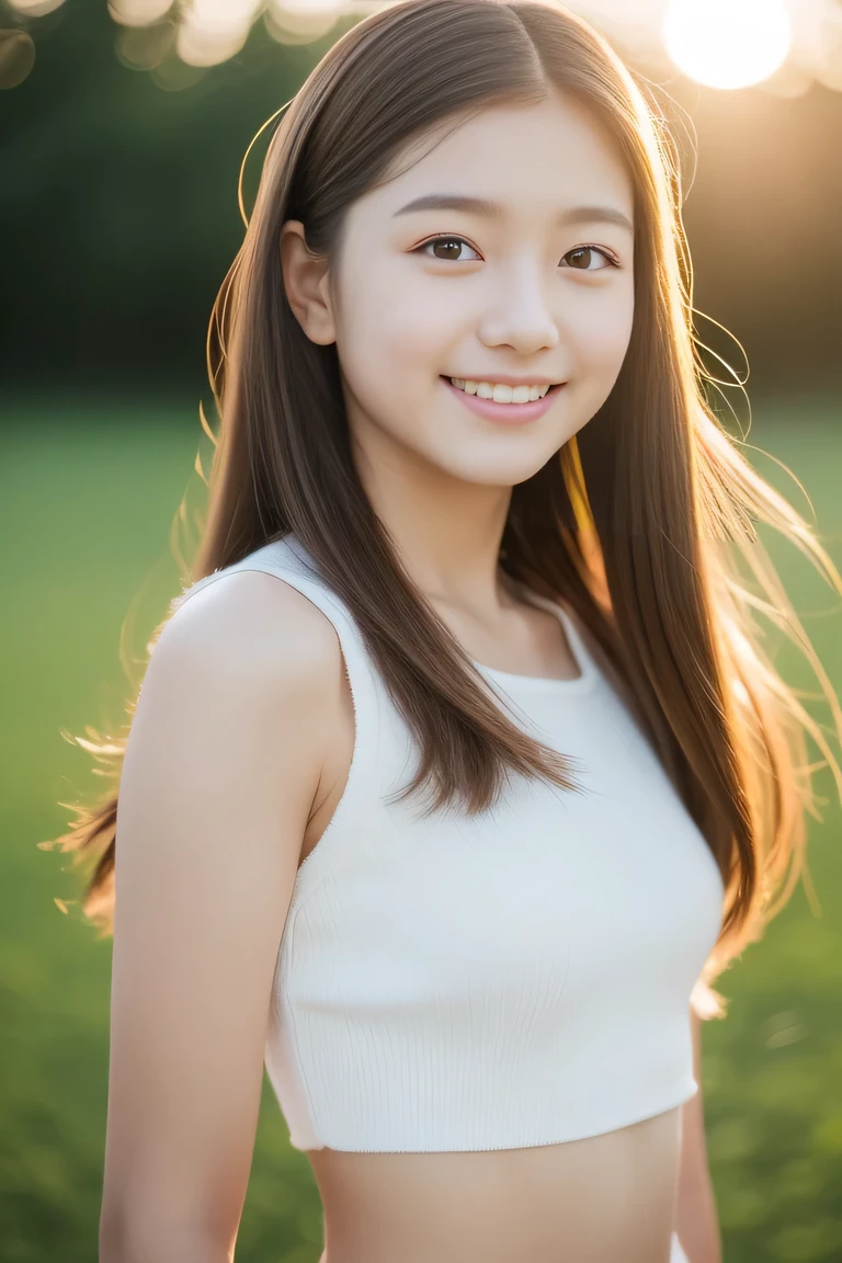 、drill hair、Brown hair、A slight smil、cute little、((top-quality、8K、masterpiece:1.3))、sharp focus:1.2、An ultra-high picture quality、top-quality、masterpiece、natural soft light、The upper part of the body、the setting sun, ,cute, pretty,