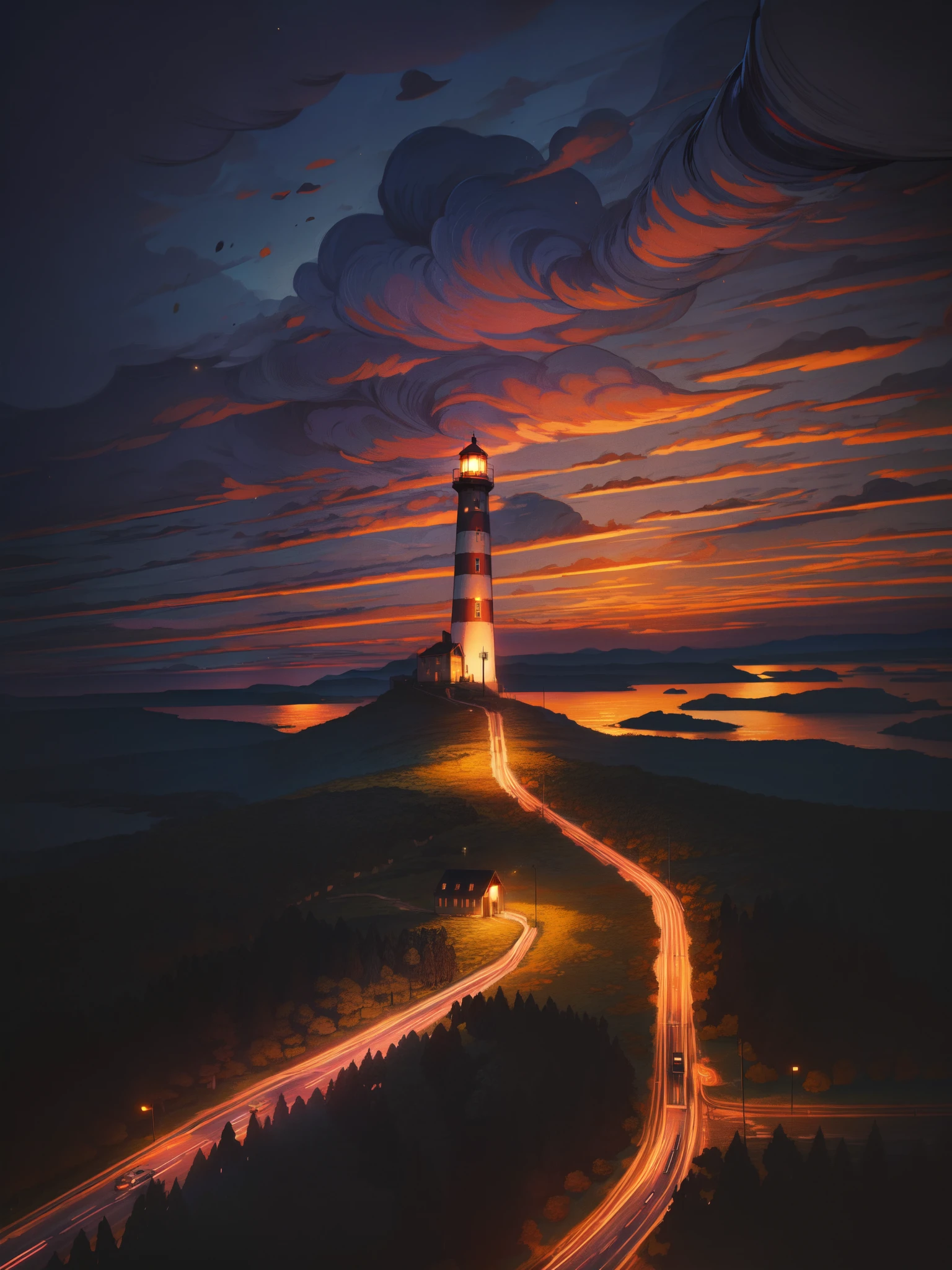 aerial view, lighthouse on island, night time, fireflies, moinlight falling on sea waves, dark violet and pink sky, norway, beautiful weather, vibrant tones, shining clouds, thick lines, cozy tones, beautiful sky, ghibli style, outdoors, cozy atmosphere, micro landscape, intrinsic details