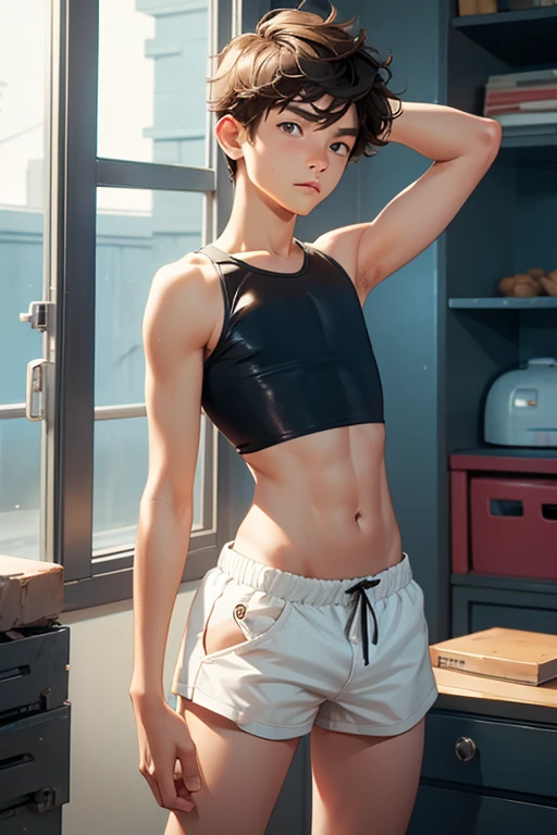 boy 14 yy wears a crop top and too very short shorts,