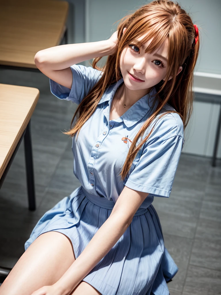 （8k, highest quality, Pieces fly:1.2)、Ultra-high resolution、anime,1 very pretty girl,Asuka Langley,Highly detailed face, Fine grain,blue eyes,,White sailor collar plain short sleeve shirt,Light blue skirt,Light Blue Suspenders,uniform_Red ribbon,Orange Hair,Long Hair、Detailed hand and fingers,put your hands in your hair,Grin、sitting on desk,Shooting from the sky,classroom