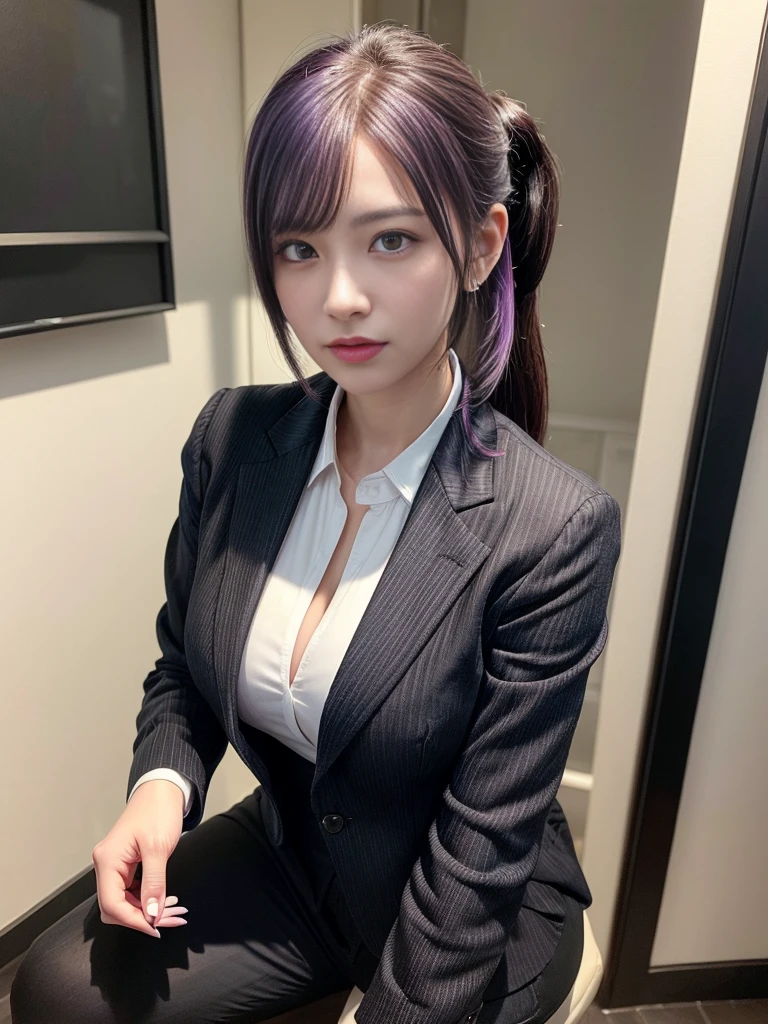Beautiful woman, 25 years old, high ponytail, bright purple hair (like bright silver), perfect purple hair, Beautiful breasts, (Realistic skin),elegant upper class wearing a black pantsuit, black jacket, white shirt, cleavage visible, black pumps, and a business shirt. Elite secretary, working in the office, wearing a strict business suit, pantsuit style, wearing luxury high heels, girl wearing a shirt, wearing a business suit, wearing a business suit, black nail art, business Wearing a suit, Businessman, Business clothes, Wearing a black business suit, Wearing a white shirt and black jacket, Woman in a business suit, Business suit, Business attire, Raw photo, (8K, highest quality, Masterpiece: 1.2), (Complex Detail: 1.4), (Photoreal: 1.4), Octane Rendering, Complex 3D Rendering Super Detail, Studio Soft Light, Rim Light, Vibrant Detail, Super Detail, Realistic Skin texture, surface details, beautifully detailed eyes, highly detailed CG Unity 16k wallpaper, supplement, (detailed background:1.2),pony tail