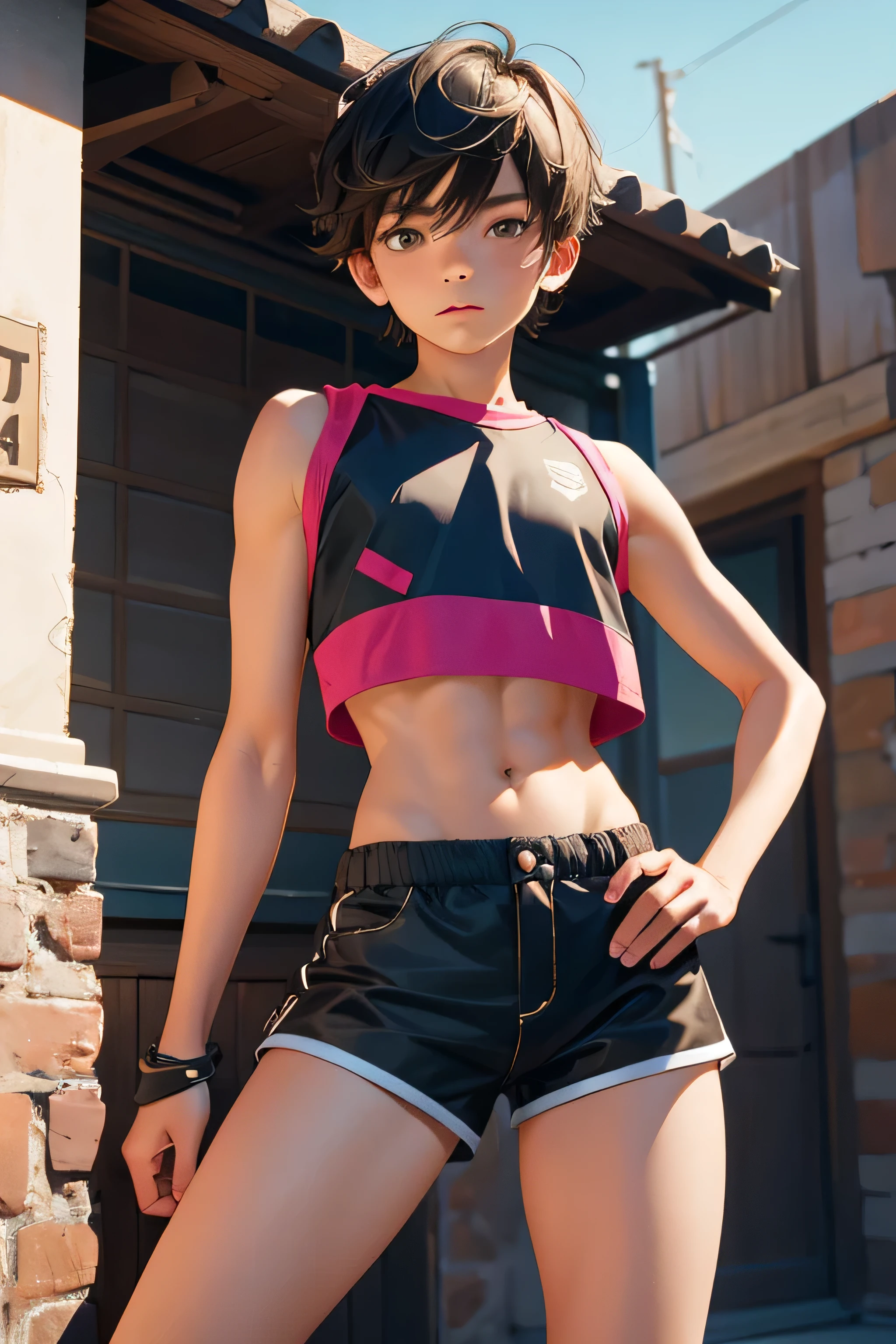  boy 14 yy wears a crop top and too very short shorts,