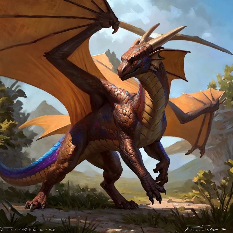 Detailed painting, by Taran Fiddler, solo, dragon, full body, feral, outside, small dragoness, dainty, friendly, colorful bronze scales, rainbow scales, wings, amber eyes