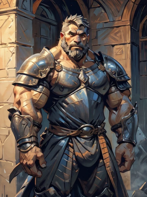 burly virile bulky man, overmuscular and musclebound, bulging veiny muscles, broad shoulders, wide chest, overly thick arms and legs, thick body, a hulking figure with swelling muscles, a long bushy beard, grey hair, a knight wearing armor, high detail, medieval fantasy, realistic, dramatic lighting, dynamic pose, armor details, by Greg Rutkowsky and Boris Vallejo, 4k resolution