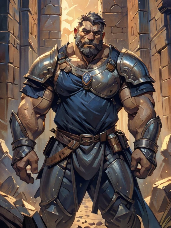 burly virile bulky man, overmuscular and musclebound, bulging veiny muscles, broad shoulders, wide chest, overly thick arms and legs, thick body, a hulking figure with swelling muscles, a long bushy beard, grey hair, a knight wearing armor, high detail, medieval fantasy, realistic, dramatic lighting, dynamic pose, armor details, by Greg Rutkowsky and Boris Vallejo, 4k resolution