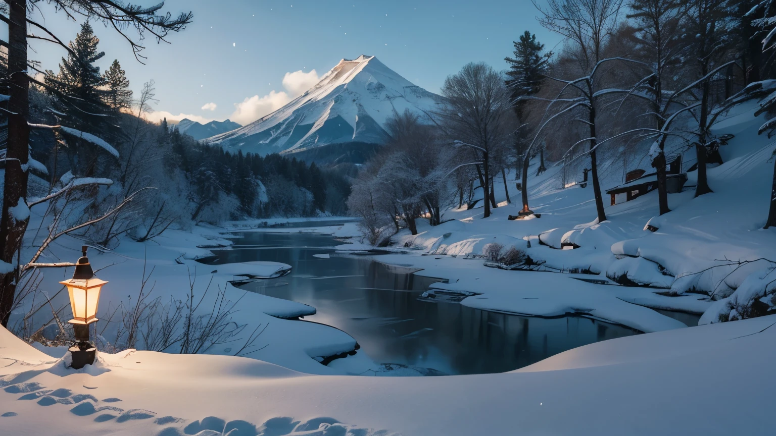 Imagine yourself in the majestic mountains of Japan on a winter night, onde a neve cai suavemente sobre a paisagem, transforming it into a fairytale setting. The mountains are wrapped in a white blanket, com os picos cobertos por uma camada espessa de neve fresca, cintilando sob a luz fraca da lua.
Falling snow creates a soft, magical silence, que envolve tudo ao seu redor. the trees, pesadas sob o peso da neve, inclinam-se delicadamente, como se estivessem em um sono profundo. Each snowflake appears to dance in the air before landing softly on the ground., criando uma cena de beleza tranquila e intocada.
As montanhas, normalmente imponentes e dominadoras, agora parecem suaves e acolhedoras sob o manto branco da neve. A luz da lua reflete na neve, creating an ethereal glow that illuminates the landscape in a magical and mysterious way.
Apesar do frio, there is a feeling of warmth and comfort in this winter setting. The air is fresh and pure, and the silence is broken only by the soft sound of falling snow. It's a time of serenity and wonder, where you feel at one with nature and completely immersed in the timeless beauty of the snow-capped Japanese mountains.