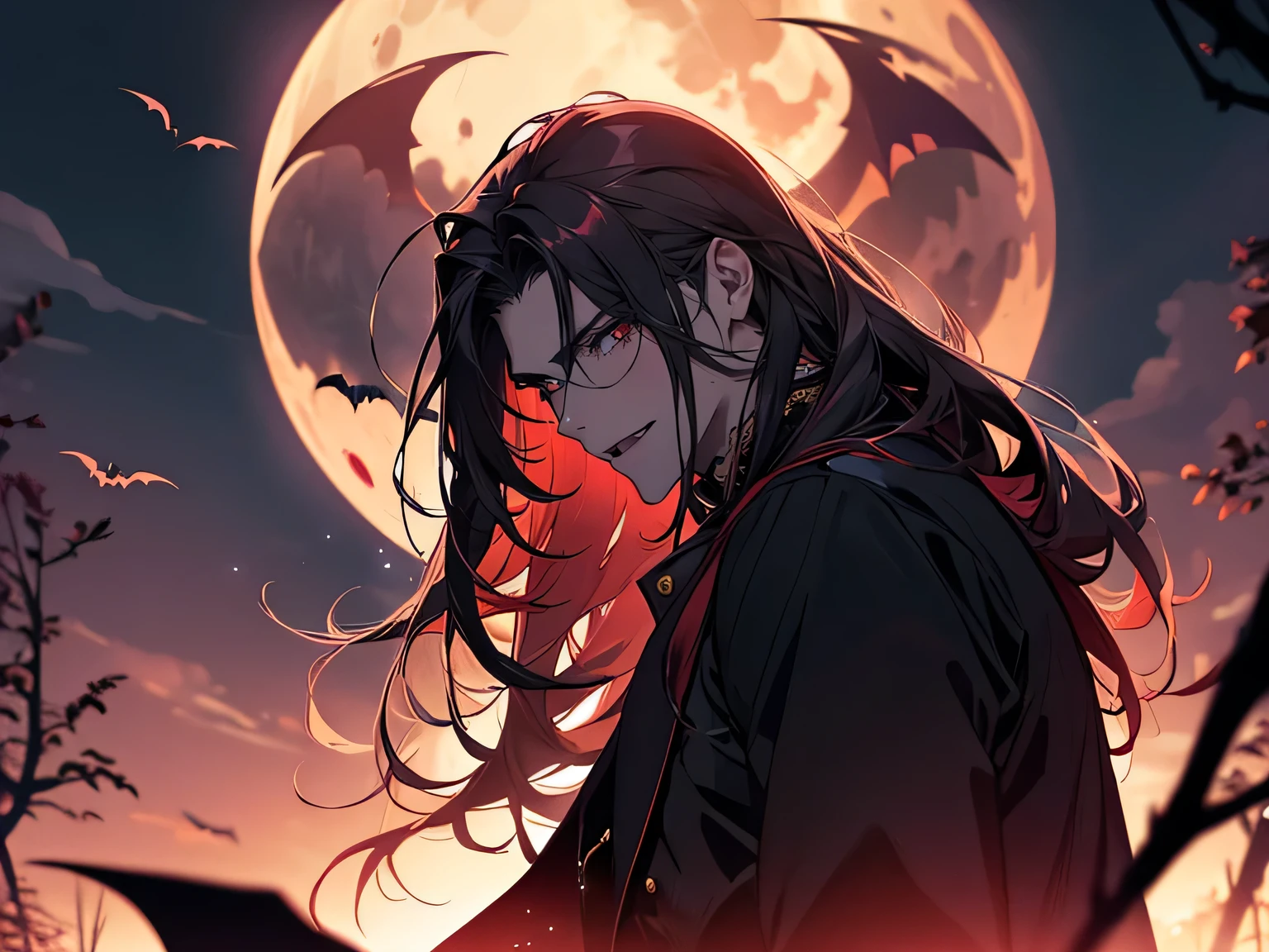 handsome, male, man, long hair, pale, strikingly handsome vampire immersed in a Halloween-inspired aesthetic, deep red moonlit night scenery, vampire, vampire fangs, red eyes, bloody mouth