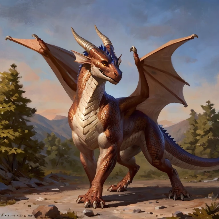 Detailed painting, by Taran Fiddler, solo, dragon, full body, feral, outside, small dragoness, dainty, friendly, colorful bronze scales, rounded snout, wings, amber eyes