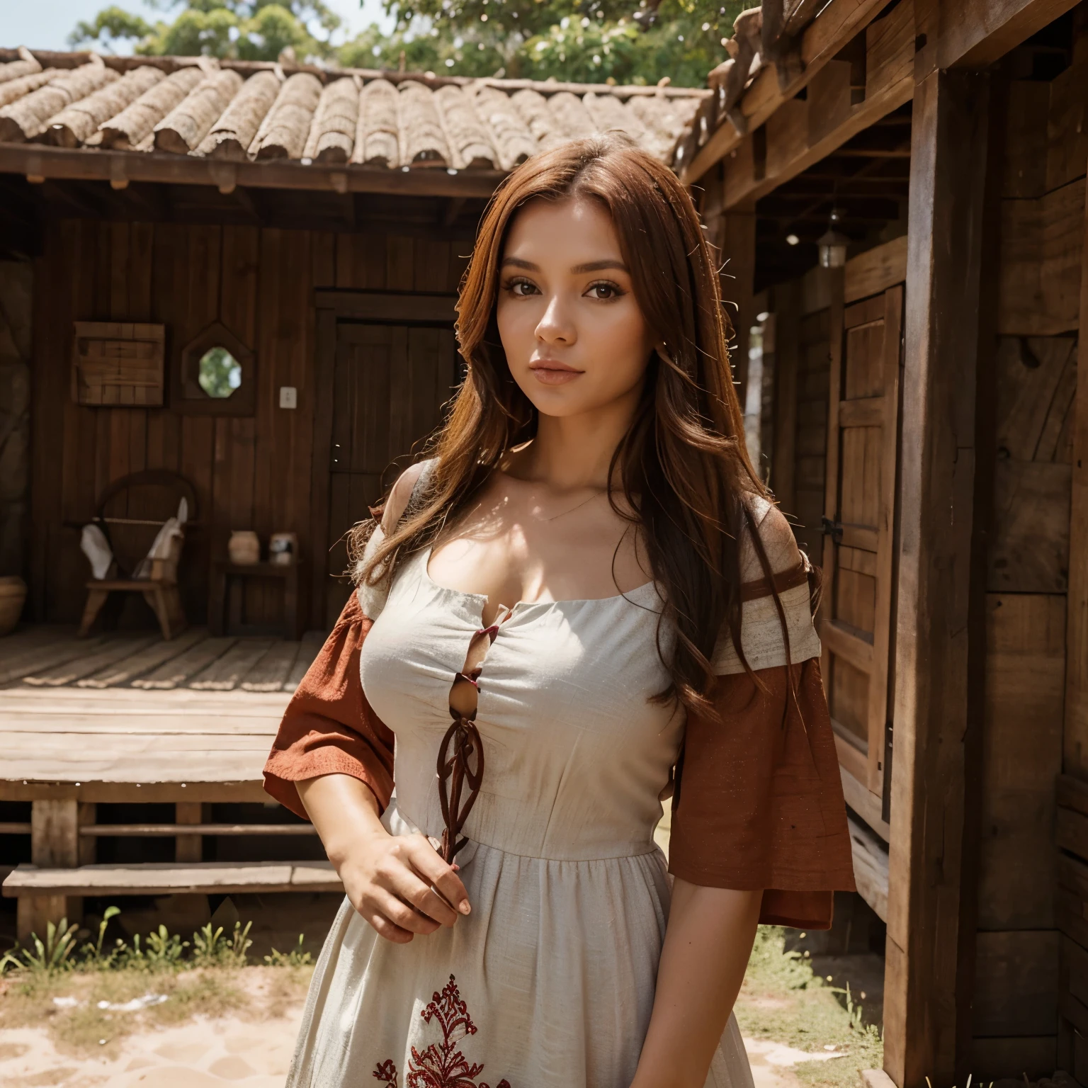 Garota ruiva cacheada, olhos azuis, com vestido vermelho estilo sereia,  joias douradas, with a background of nature mixed with rustic architecture 