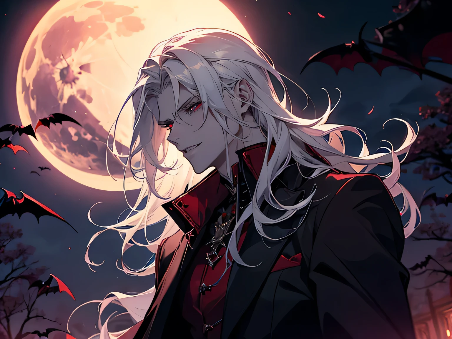 handsome, male, man, long white hair, pale, strikingly handsome vampire immersed in a Halloween-inspired aesthetic, deep red moonlit night scenery, vampire, vampire fangs, red eyes, bloody mouth