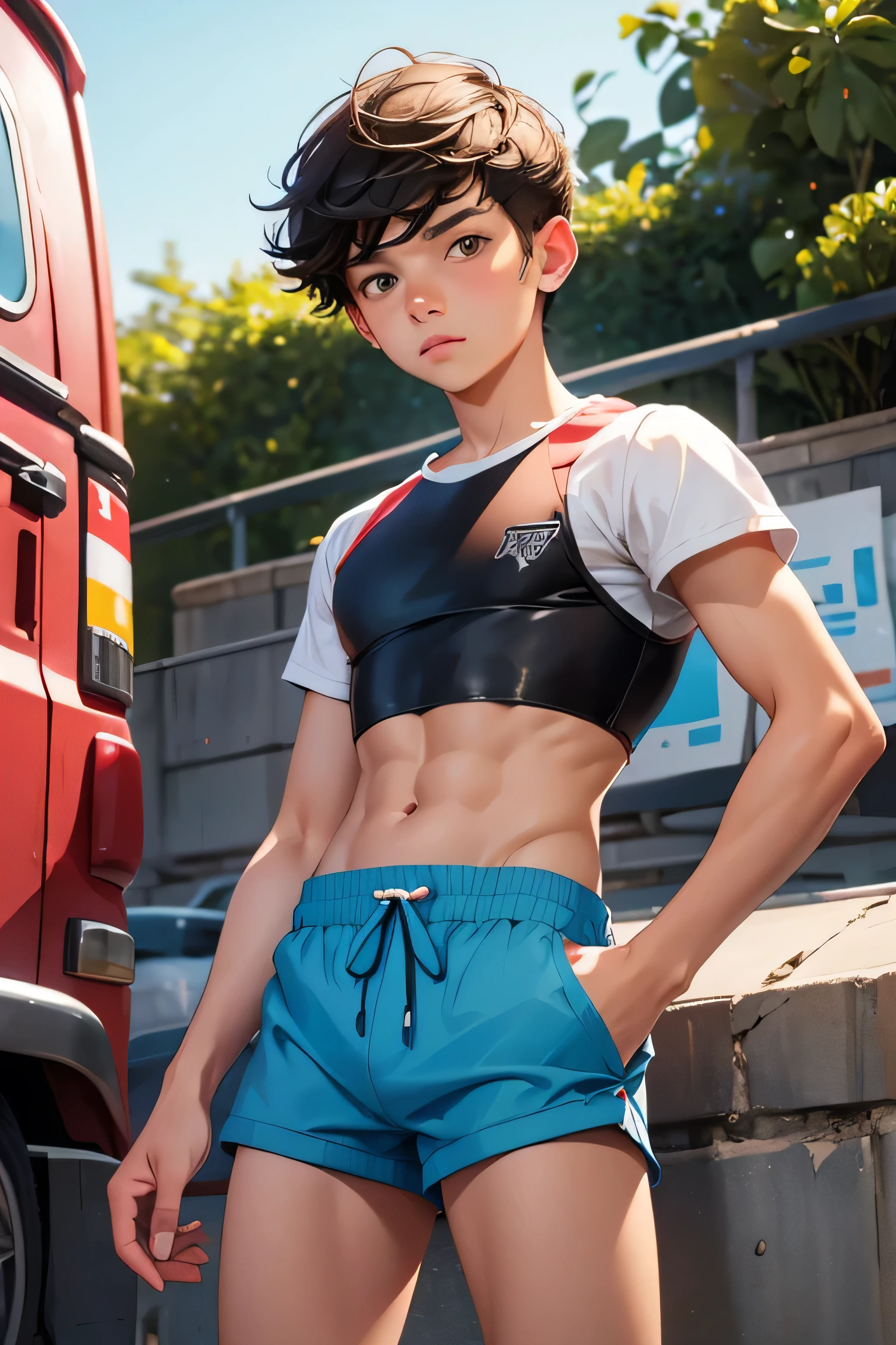 boy 14 yy wears a crop top and too very short shorts,