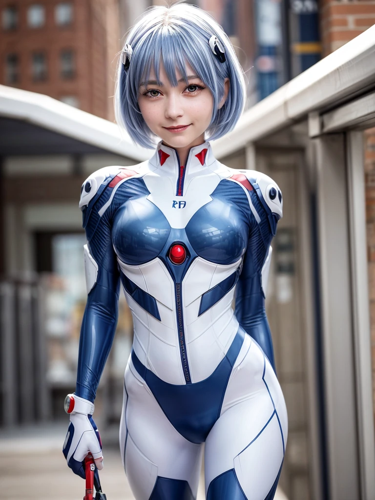 Masterpiece, highest quality, 8K, detailed skin texture, fine cloth texture, beautiful detailed face, intricate details, super detailed, portrait of Rei Ayanami, blue hair, red eyes, looking far away, no background, Evangelion Wearing a plug suit when riding, plug suit, whole body visible, standing, arms crossed, , beautiful, cute, great style, smiling,composition that shows the whole body,