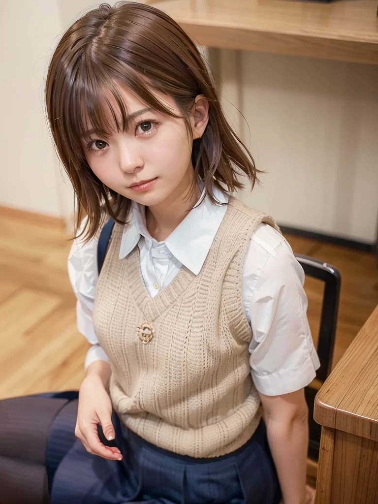 Masterpiece, Top Quality, Top Mikoto, brown eyes, short hair, small breasts, looking at viewer, alone, closed mouth, collared shirt, beige knit vest, dark blue  Skirt, school_uniform, shirt, white_shirt, classroom,Masterpiece, highest quality, 8K, detailed skin texture, fine cloth texture, beautiful detailed face, intricate details, super detailed,cute,cute posing,composition that shows the whole body,