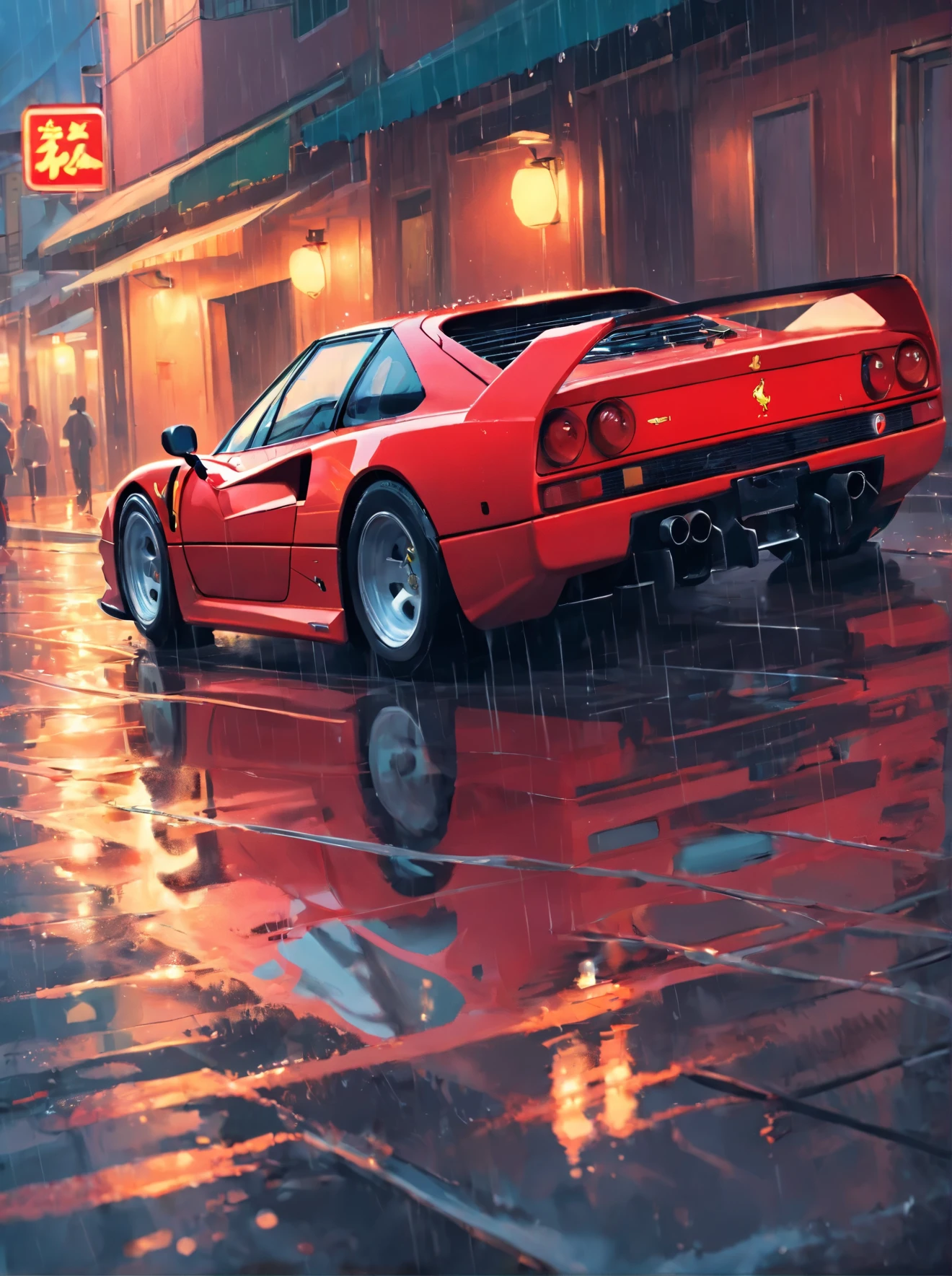 a red sports car is parked in the rain, a 3D render, inspired by Alena Aenami, photorealism, with elements of the f40, badass anime 8 k, photo-realistic low lighting, 8k octae render photo, guillem h. pongiluppi, wet streets, nostalgic 8k, photorealism 4 k, retro wave, ferrari f 4 0