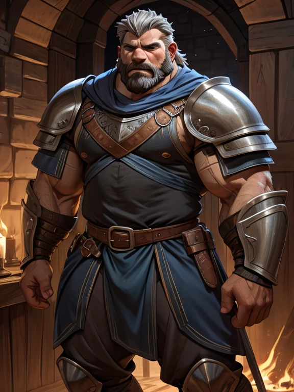 burly virile bulky man, overmuscular and musclebound, bulging veiny muscles, broad shoulders, wide chest, overly thick arms and legs, thick body, a hulking figure with swelling muscles, a long bushy beard, grey hair, a knight wearing armor, high detail, medieval fantasy, realistic, dramatic lighting, dynamic pose, armor details, by Greg Rutkowsky and Boris Vallejo, 4k resolution