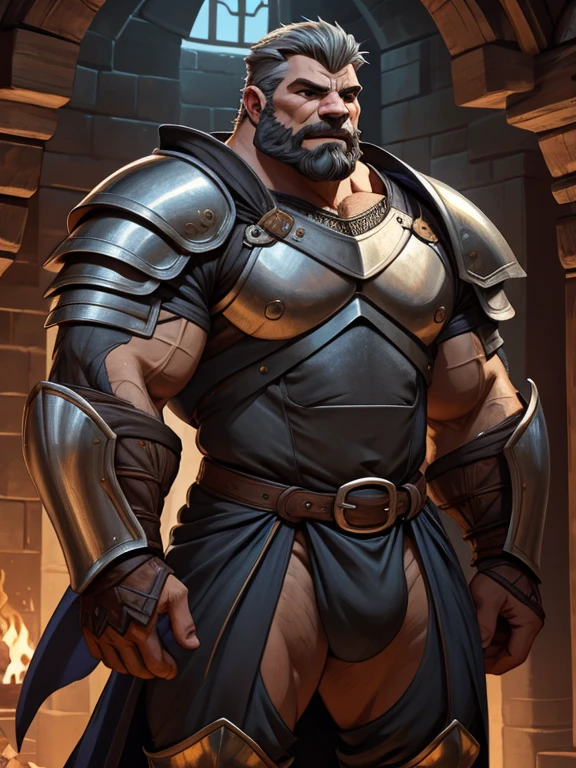 burly virile bulky man, overmuscular and musclebound, bulging veiny muscles, broad shoulders, wide chest, overly thick arms and legs, thick body, a hulking figure with swelling muscles, a long bushy beard, grey hair, a knight wearing armor, high detail, medieval fantasy, realistic, dramatic lighting, dynamic pose, armor details, by Greg Rutkowsky and Boris Vallejo, 4k resolution
