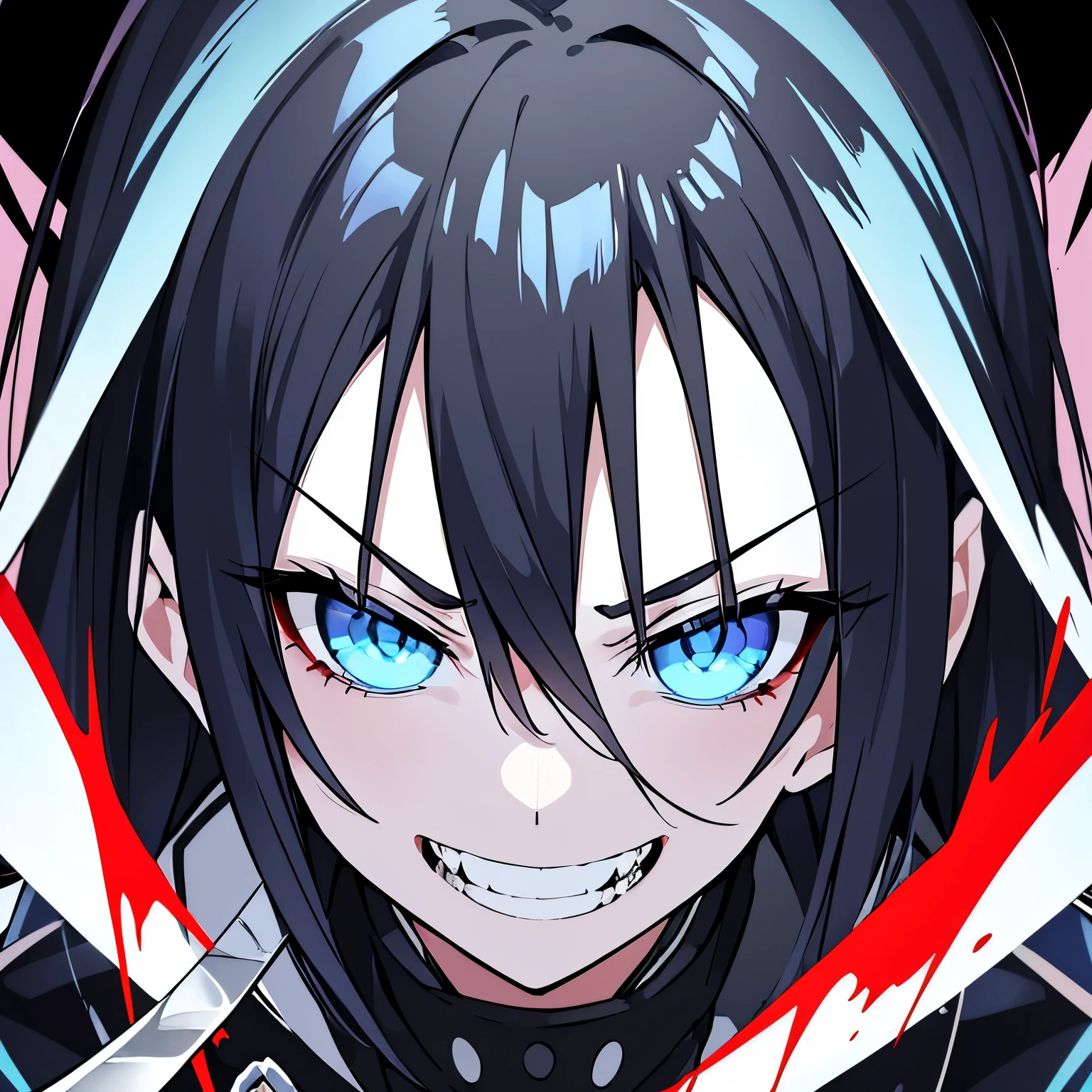 Male with black hair and light blue eyes, insane, insane face expression, holding bloody knife, insane smile