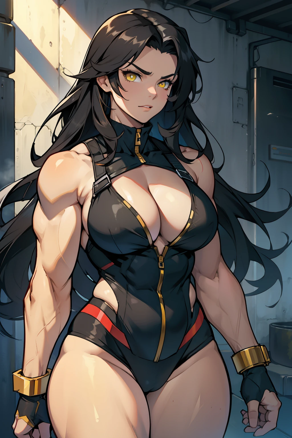 muscular muscular muscular large breasts large breasts large breasts thick thick thick black hair yellow eyes pale skin long hair