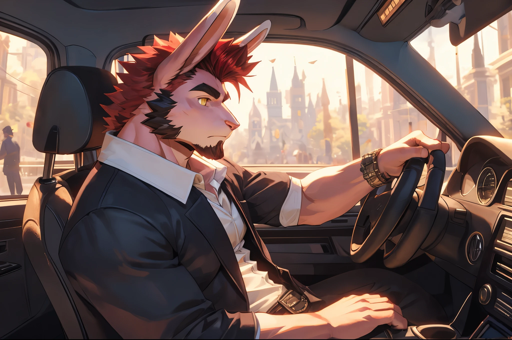 ((best quality)), ((masterpiece)), (detailed), perfect face, bara furry, rabbit man, big body, pink skin, short quiff red hair, yellow eyes, perfect eyes, long rabbit ears, handsome, in the car