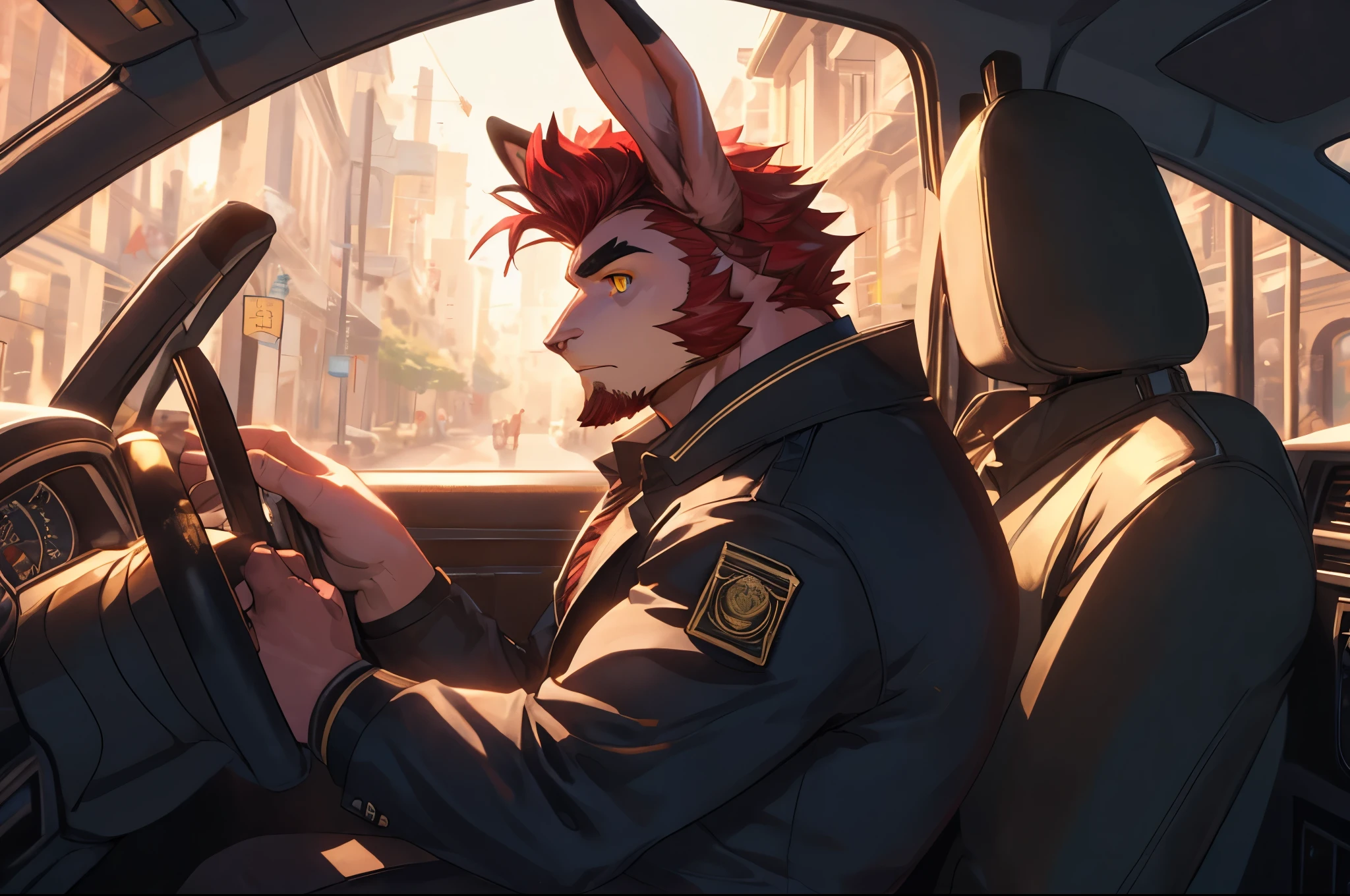 ((best quality)), ((masterpiece)), (detailed), perfect face, bara furry, rabbit man, big body, pink skin, short quiff red hair, yellow eyes, perfect eyes, long rabbit ears, handsome, in the car