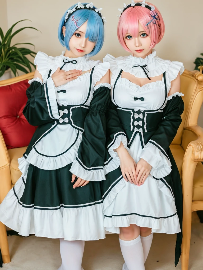 (8K, Photorealistic, Raw photo, of the highest quality: 1.3), (1girl in), Super beautiful, (Realistic face), (boyish, light blue Color Berry Shorthair),(8K, Photorealistic, Raw photo, of the highest quality: 1.3), (1girl in), Super beautiful, (Realistic face), (boyish, pink Color Berry Shorthair), Beautiful , Glare that captivates the viewer, Beautiful expression, Beautiful breasts, (Realistic skin), Be...Create a detailed and colorful image of Ram and Rem from Re:Zero, standing back-to-back in their maid outfits, with a magical fantasy background、14years old, two girls,cute, perfect face, beautiful, nice body, gothic lolita clothes, gothic lolita fashion, frilly skirt, headdress, necklace, bracelet, knee-high socks, boots, double eyelids, tear bags, Detailed down to the fingers, photo-like description, indoors, dim indoor lighting, one girl is pink hair and short bob, another girl is light blue hair and short bob,standing, whole body, composition that shows the whole body, smiling,The Both of them are wearing the same type of maid outfit
