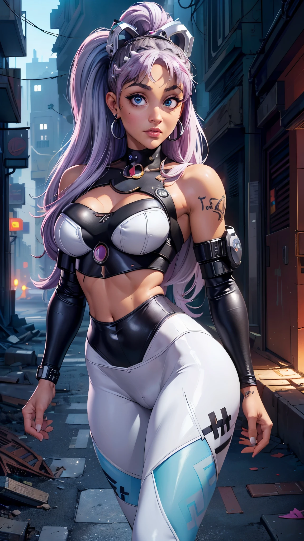 (La mejor calidad,A high resolution,Ultra - detallado,actual),Ariana Grande con leggings rojo,(cabello white canoso :1.4), top de cuero rojo, falda corta roja, ,(Cyberpunk alley ruined dungeon ruins background :1.4 ), More detailed 8K.motor irreal:1.4,UHD,La mejor calidad:1.4, fotorrealista:1.4, textura de la piel:1.4, obra maestra:1.8,obra-prima, mejor calidad,objeto Objeto], (detailed face features:1.3),(Las proporciones correctas),(Ojos hermosos azules:1.4 ),  (pose vaquero), (perfect anatomy:1.4) , (face detailed :1.4), colores brillantes, (Ariana Grande :1.4), (Ariana Grande V2.1), (leggings white :1.4),( no mutaciones), (seaArt 2 technology.1),( the best artistic work) 