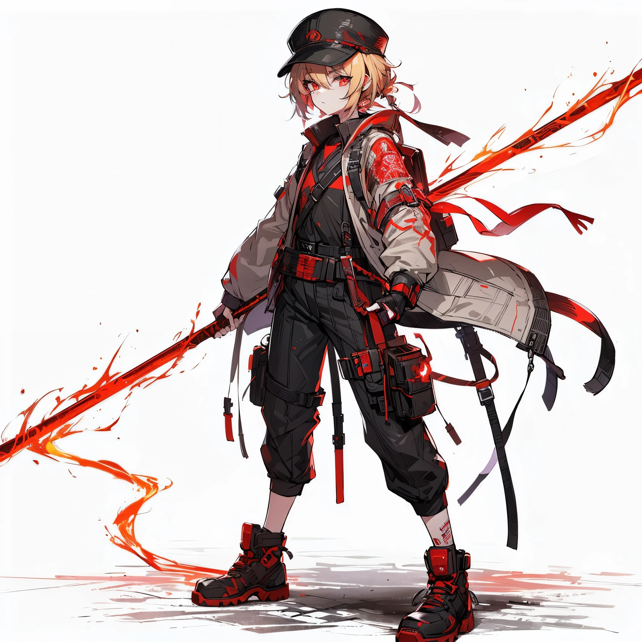 (masterpiece, Best Quality), (detailed hairs), Ultra-detailed, Anime style, Full body, Solo, Cyberpunk kung fu girl, wearing a hunting cap and short blond hair tied into one, white skin, scarlet glowing eyes, wearing a cyberpunk outfit and holding a vermillion-painted 11-foot stick. Wears karate boots. Supernatural scarlet lightning, standing in wasted school, 8k high resolution, white background, whole body,
