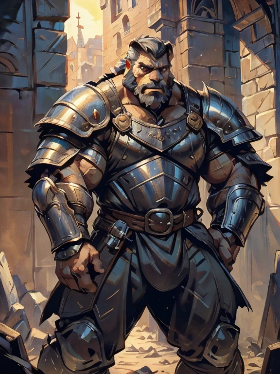 burly virile bulky man, overmuscular and musclebound, bulging veiny muscles, broad shoulders, wide chest, overly thick arms and legs, thick body, a hulking figure with swelling muscles, a long bushy beard, grey hair, a knight wearing armor, high detail, medieval fantasy, realistic, dramatic lighting, dynamic pose, armor details, by Greg Rutkowsky and Boris Vallejo, 4k resolution