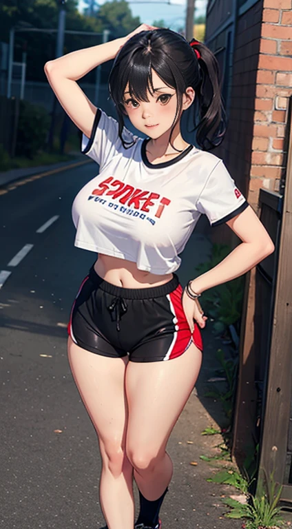 Name: Narumi Aina Age : 18 years old Personality : Shy, big fan, blushing, cute. Appearance: Black hair tied in a ponytail, red eyes, perfect body, big breasts, perfect hips, smooth skin, smooth armpits. Clothes : White short-sleeved sports t-shirt and black short sports pants, white underwear. Misc: Aina is a female high school student who loves sports, full body (NSFW breasts), hdri, extremely naked, nude, nua, pelada, nsfw, gigantic breast 1.9