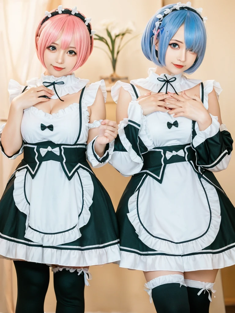 (8K, Photorealistic, Raw photo, of the highest quality: 1.3), (1girl in), Super beautiful, (Realistic face), (boyish, light blue Color Berry Shorthair),(8K, Photorealistic, Raw photo, of the highest quality: 1.3), (1girl in), Super beautiful, (Realistic face), (boyish, pink Color Berry Shorthair), Beautiful , Glare that captivates the viewer, Beautiful expression, Beautiful breasts, (Realistic skin), Be...Create a detailed and colorful image of Ram and Rem from Re:Zero, standing back-to-back in their maid outfits, with a magical fantasy background、14years old, two girls,cute, perfect face, beautiful, nice body, gothic ta clothes, gothic loliashion, frilly skirt, headdress, necklace, bracelet, knee-high socks, boots, double eyelids, tear bags, Detailed down to the fingers, photo-like description, indoors, dim indoor lighting, one girl is pink hair and short bob, another girl is light blue hair and short bob,standing, whole body, composition that shows the whole body, smiling,The Both of them are wearing the same type of maid outfit