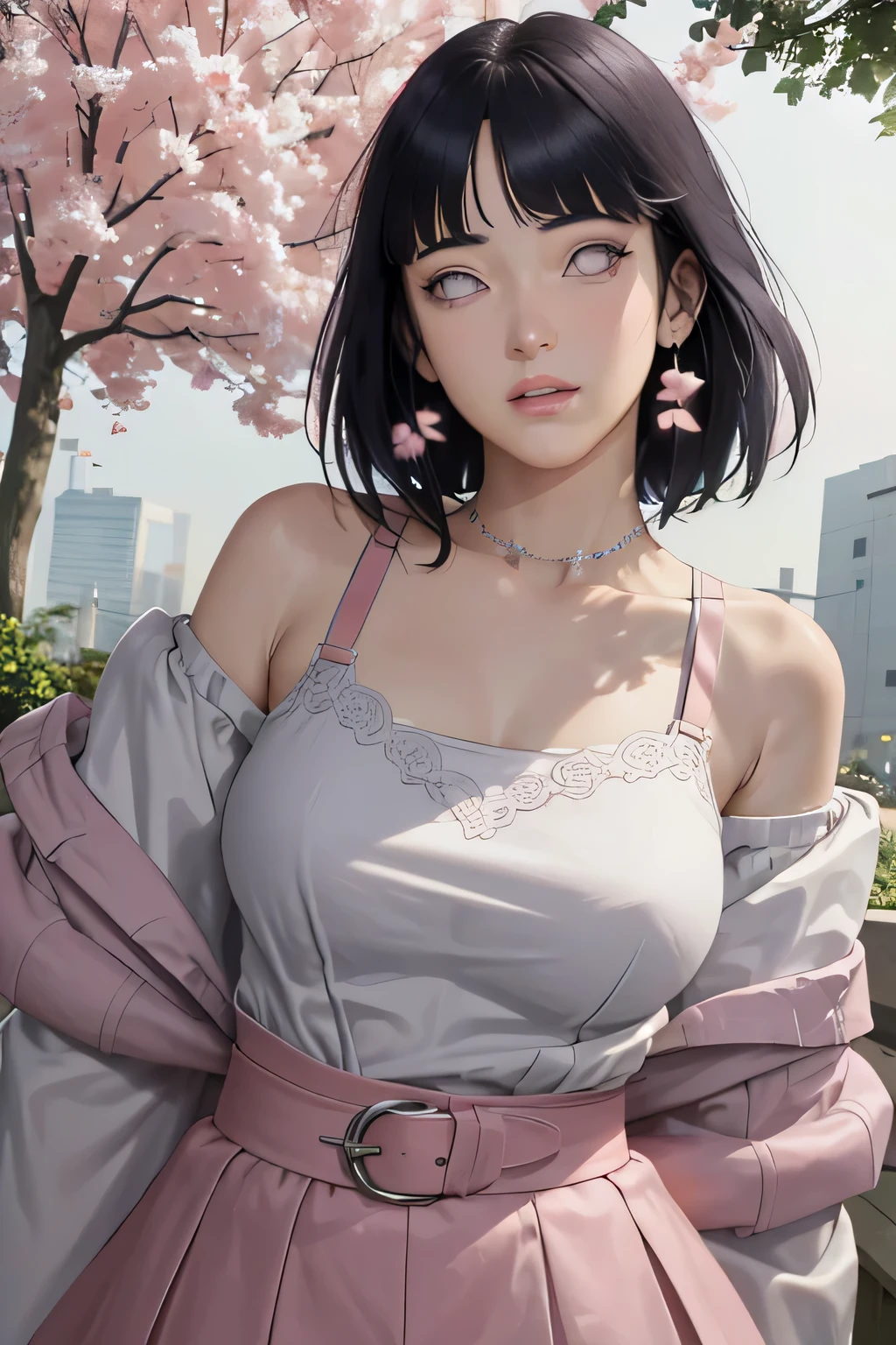 masterpiece, absurdres, hinata\(boruto\), 1girl, solo,mature female, off-shoulder strap bra, high waist short skirt, looking at viewer, (falling petals), perfect composition, detailed lips, big breast, beautiful face, body propotion, blush, (pink lips), long hair,  purple eyes,  soft gaze,  super realistic, detailed, photoshoot, realistic face and body,