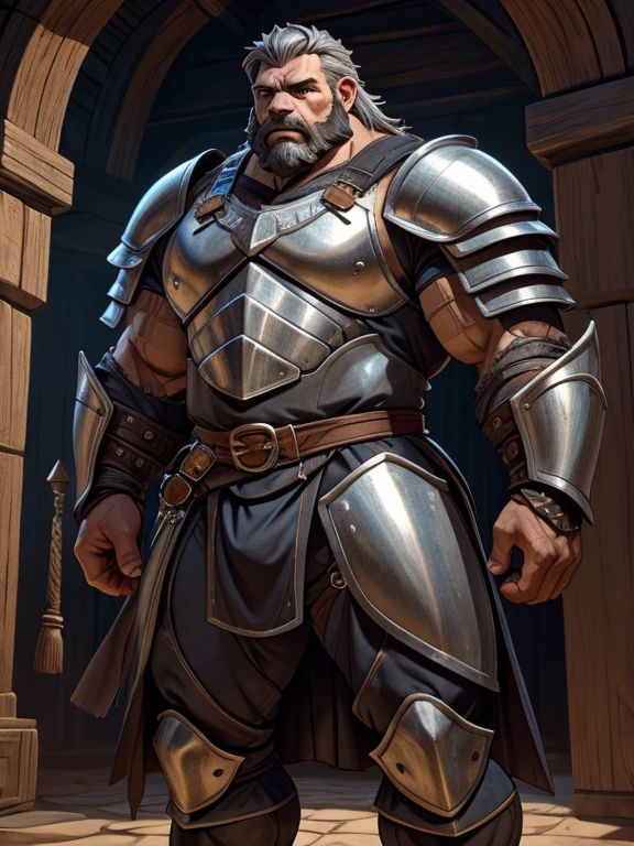 burly virile bulky man, overmuscular and musclebound, bulging veiny muscles, broad shoulders, wide chest, overly thick arms and legs, thick body, a hulking figure with swelling muscles, a long bushy beard, grey hair, a knight wearing armor, high detail, medieval fantasy, realistic, dramatic lighting, dynamic pose, armor details, by Greg Rutkowsky and Boris Vallejo, 4k resolution